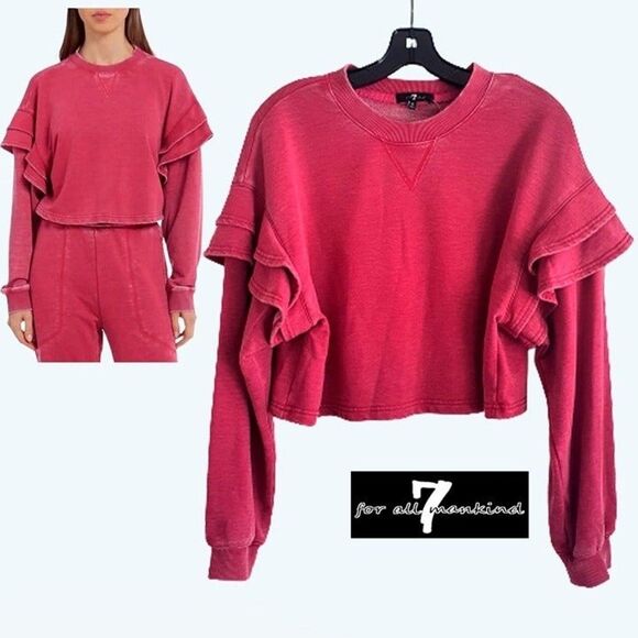 7 FOR ALL MANKIND NEW RED BERRY Ruffled Drop Shoulders Cropped Sweatshirt - Picture 1 of 11